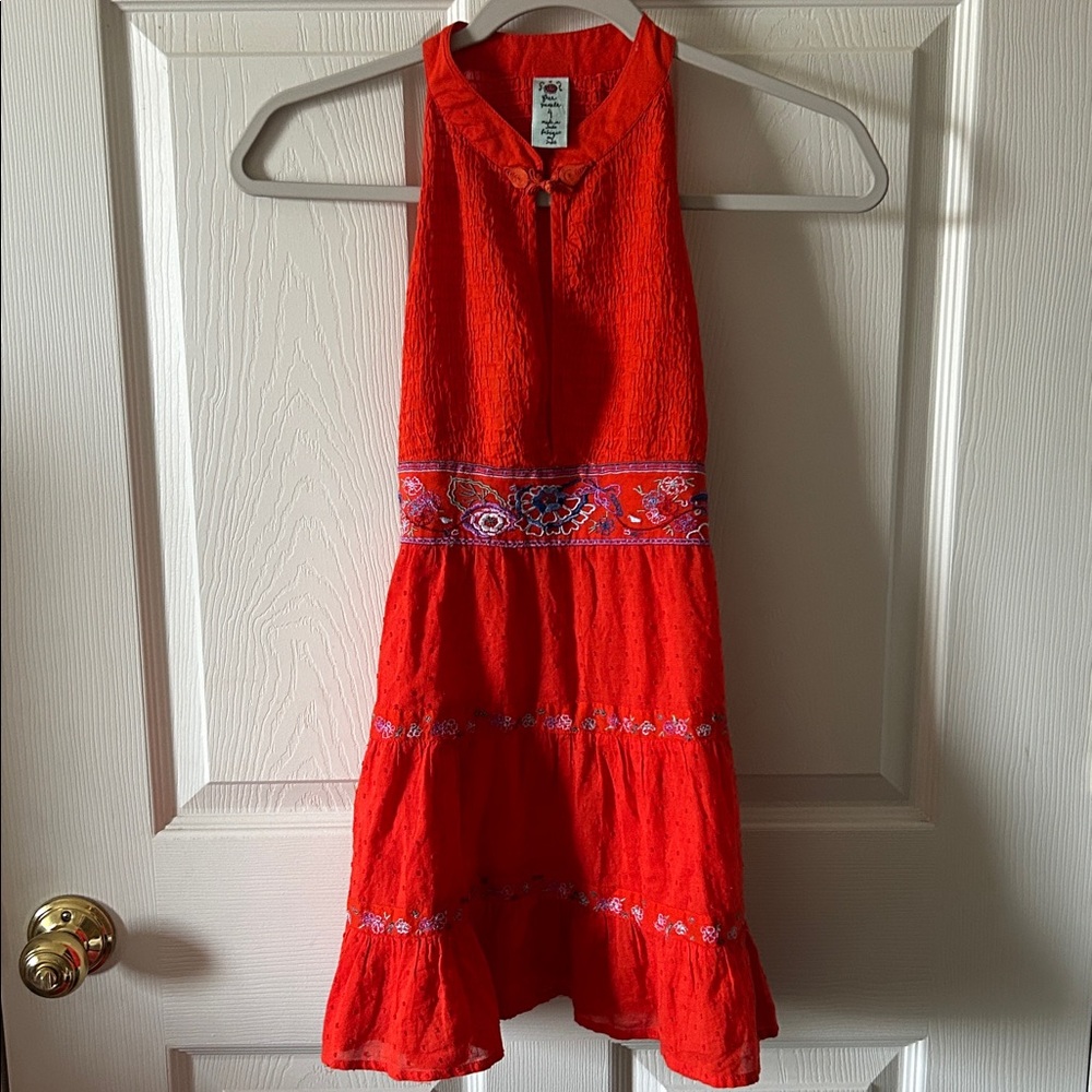 Free People Womens Embroidered Sleeveless Smocked Red Tunic‎ Top Size 4